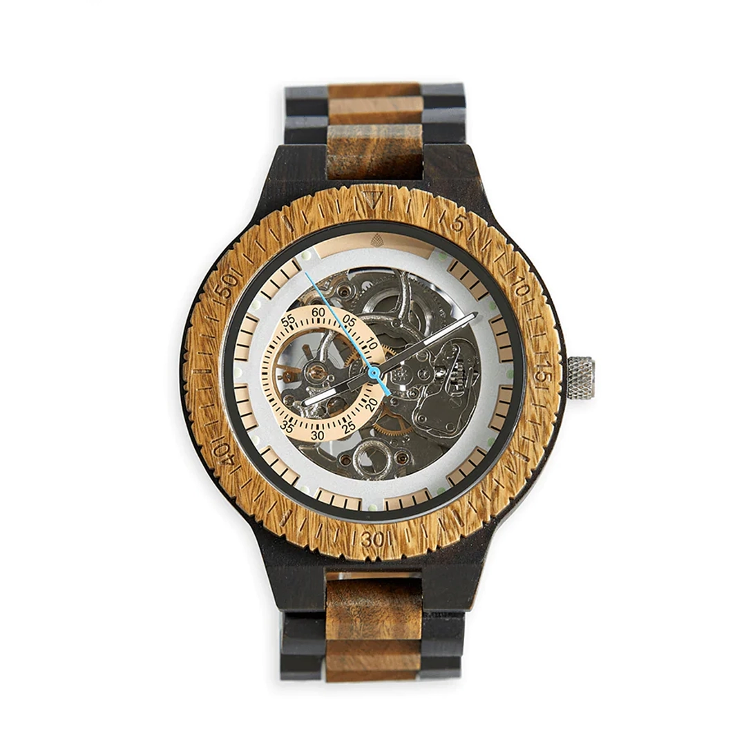A wooden watch featuring a skeleton.