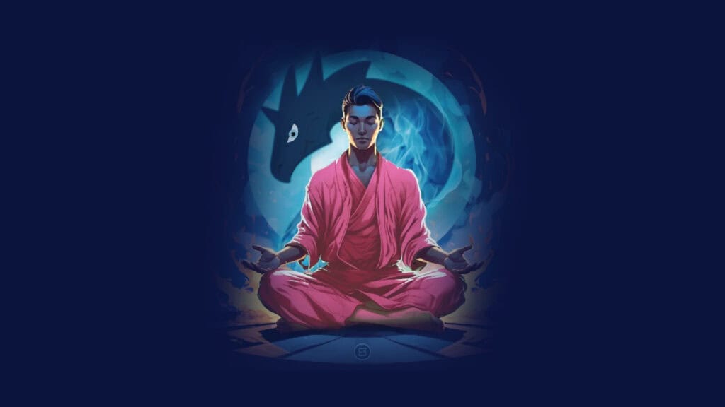 A beVisioneer in a red robe sits cross-legged in a meditative pose with hands resting on their knees. A mystical, glowing blue dragon spirit hovers behind them, framed by a circular aura, against a dark blue background.