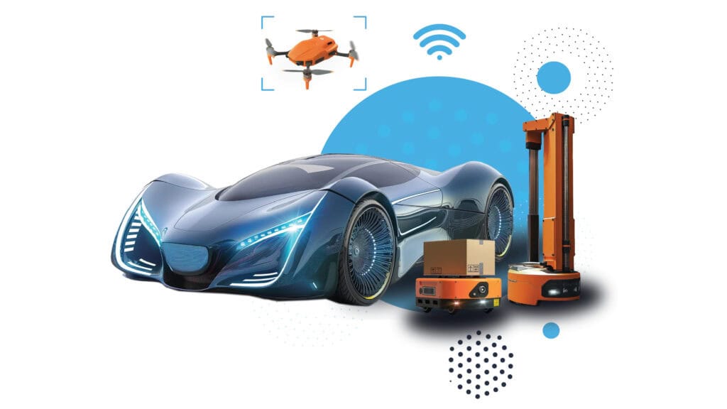 A futuristic blue car, an orange robotic arm holding a package, an orange autonomous mobile robot with a box, and a quadcopter drone flying above are depicted. The background features abstract blue and black dotted patterns, with a Wi-Fi symbol above the drone—a scene embodying beVisioneers' innovative vision.