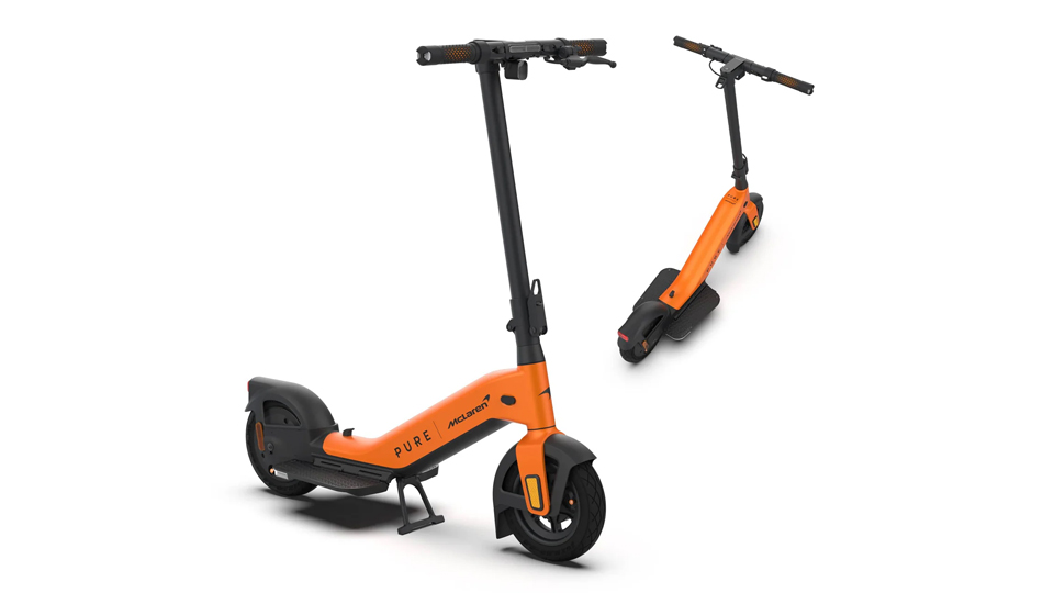 Two views of an orange and black electric scooter, showcasing its sleek design. The scooter has a sturdy frame, wide handlebars, and thick tires suitable for urban commuting. One view shows a side profile while the other displays a three-quarter front angle, ideal for your urban commuting directory.